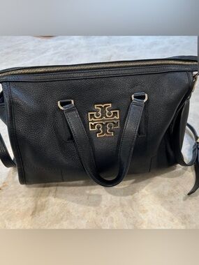 Tory Burch Brit Black Pebbled Leather satchel with Gold Logo Hardware